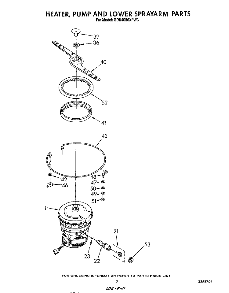 HEATER, PUMP AND LOWER SPRAY ARM Diagram and Parts List for GDU4050XPW3  Whirlpool Dishwasher