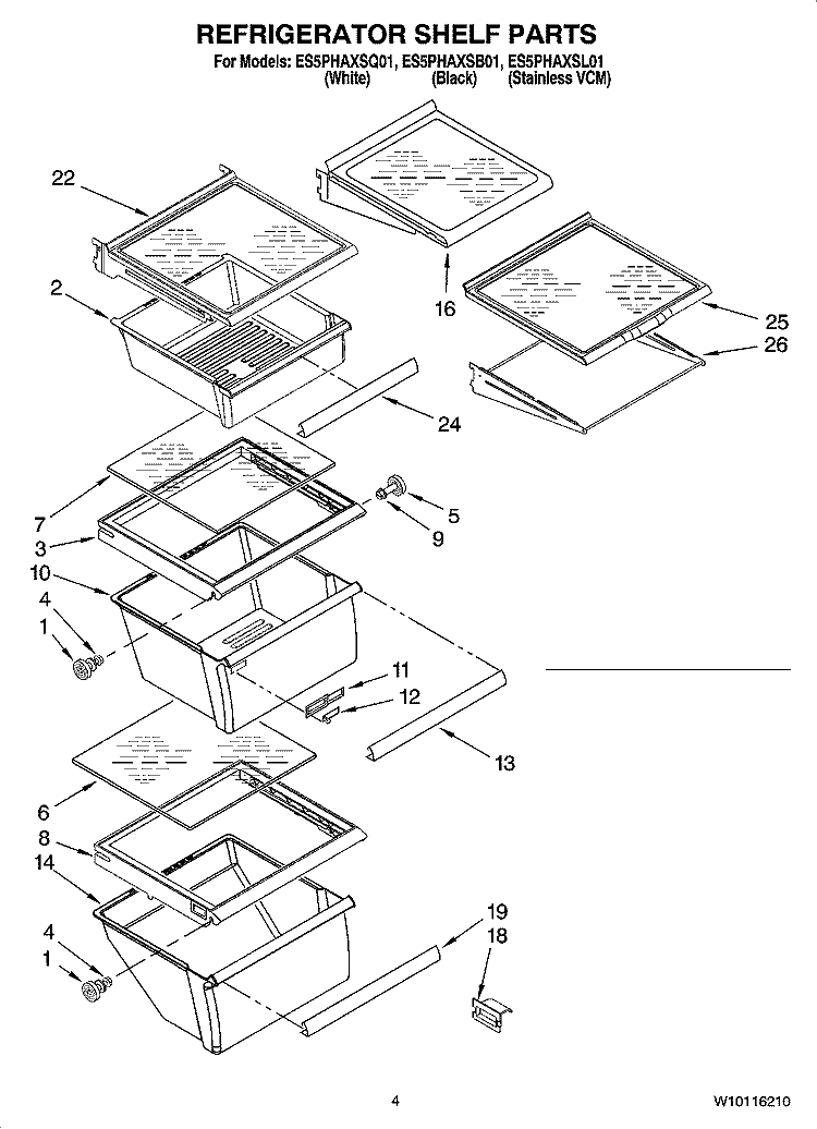 REFRIGERATOR SHELF PARTS Diagram and Parts List for ES5PHAXSB01  Whirlpool Refrigerator