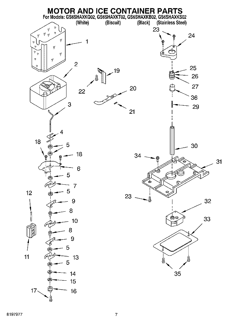 MOTOR AND ICE CONTAINER Diagram and Parts List for GS6SHAXKB02  Whirlpool Refrigerator