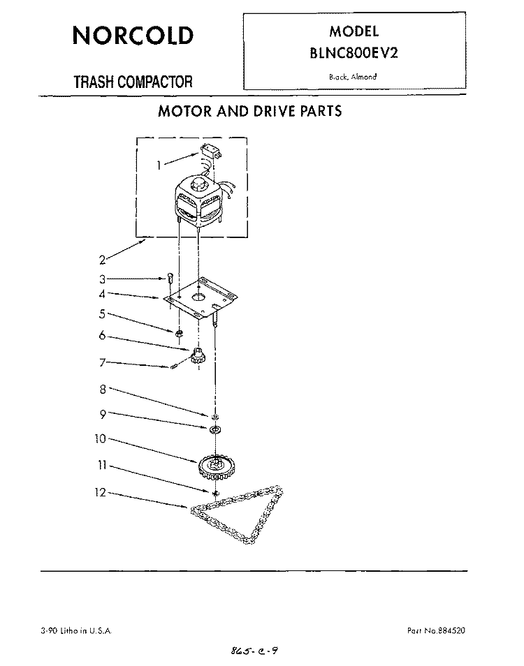 MOTOR AND DRIVE PARTS, LITERATURE AND OPTIONAL Diagram and Parts List for BLNC800EV2  Whirlpool Trash Compactor
