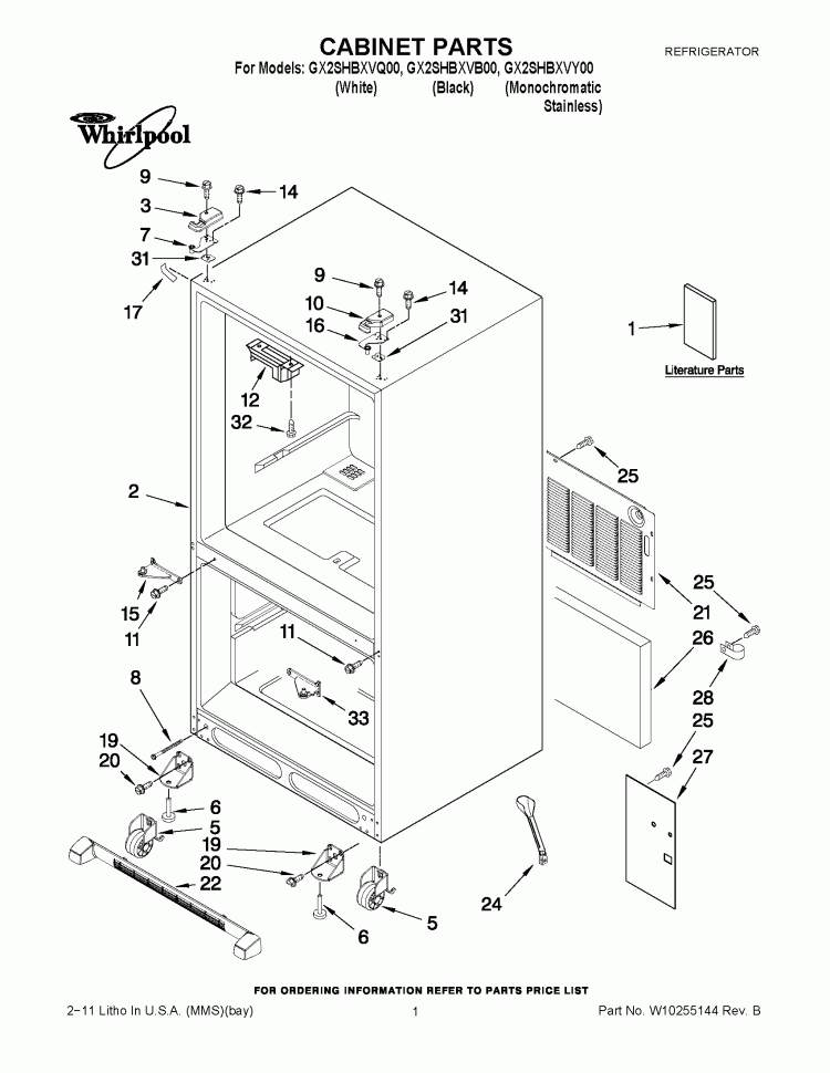 CABINET PARTS Diagram and Parts List for GX2SHBXVQ00  Whirlpool Refrigerator