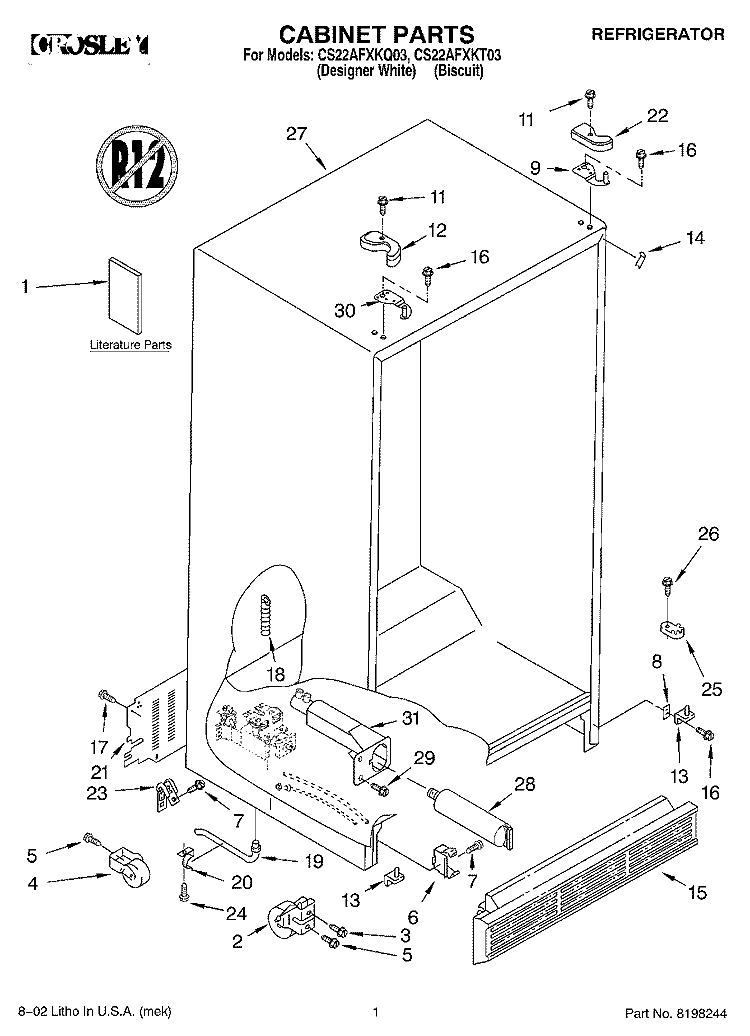 CABINET, LITERATURE Diagram and Parts List for CS22AFXKQ03  Crosley Refrigerator