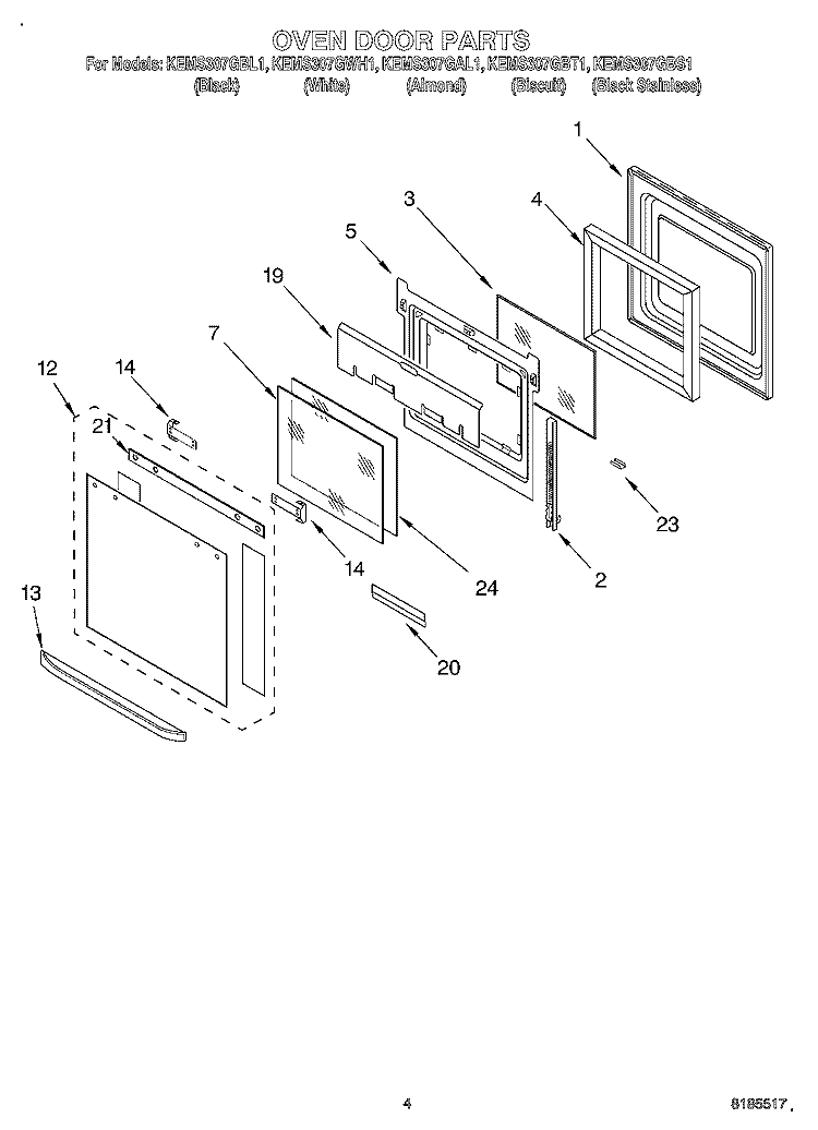 OVEN DOOR Diagram and Parts List for KEMS307GBS1  KitchenAid Microwave Oven Combo