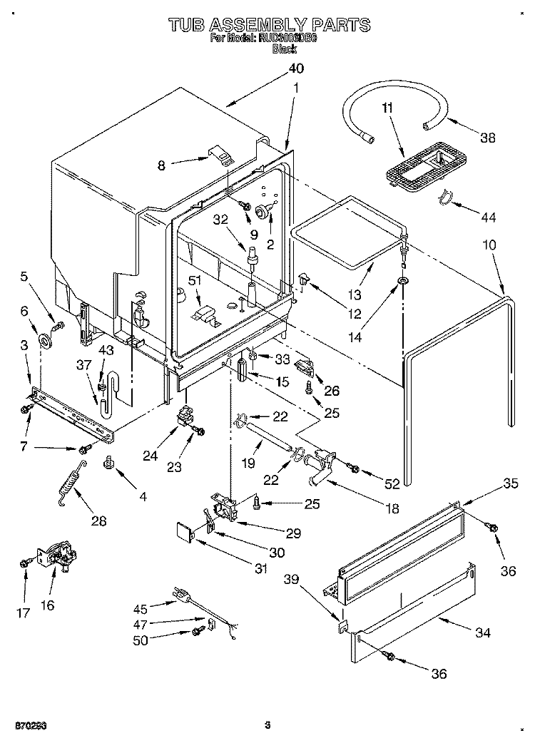 TUB ASSEMBLY Diagram and Parts List for RUD3006DB0  Roper Dishwasher