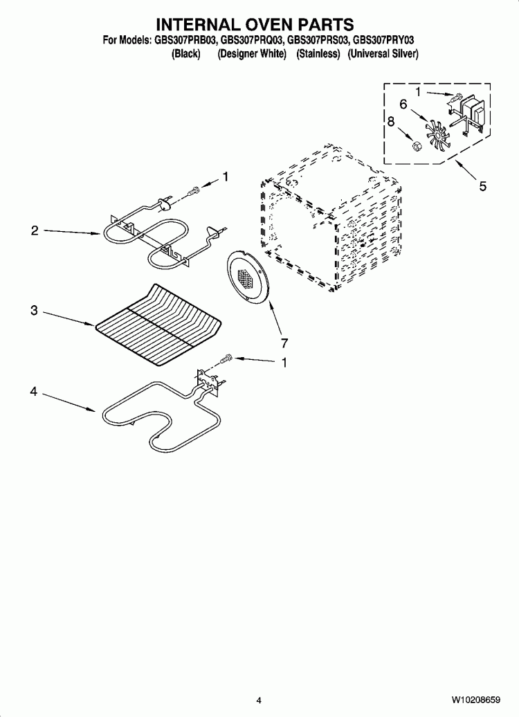 INTERNAL OVEN PARTS Diagram and Parts List for GBS307PRB03  Whirlpool Wall Oven
