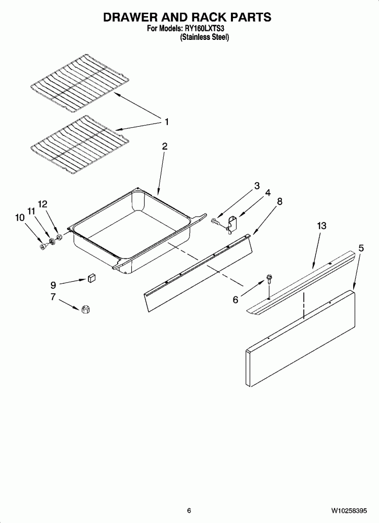 DRAWER AND RACK PARTS Diagram and Parts List for RY160LXTS3  Whirlpool Range
