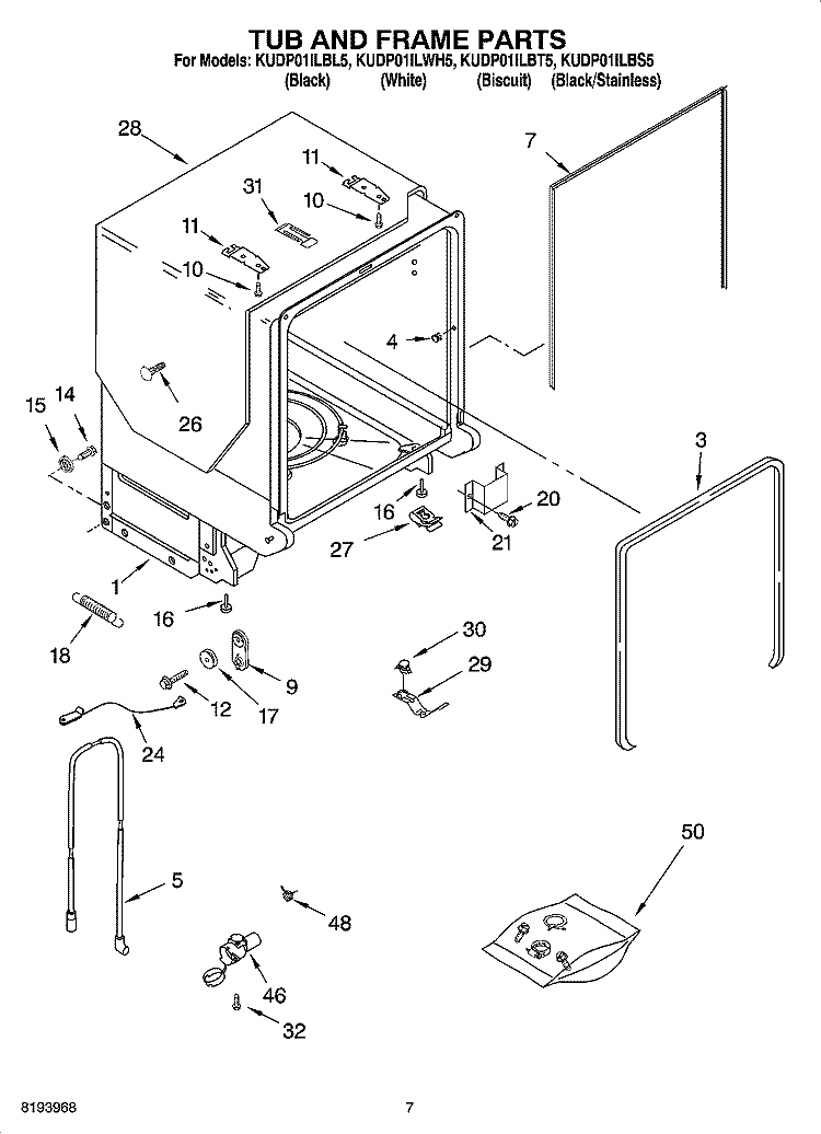 TUB AND FRAME PARTS Diagram and Parts List for KUDP01ILBT5  KitchenAid Dishwasher