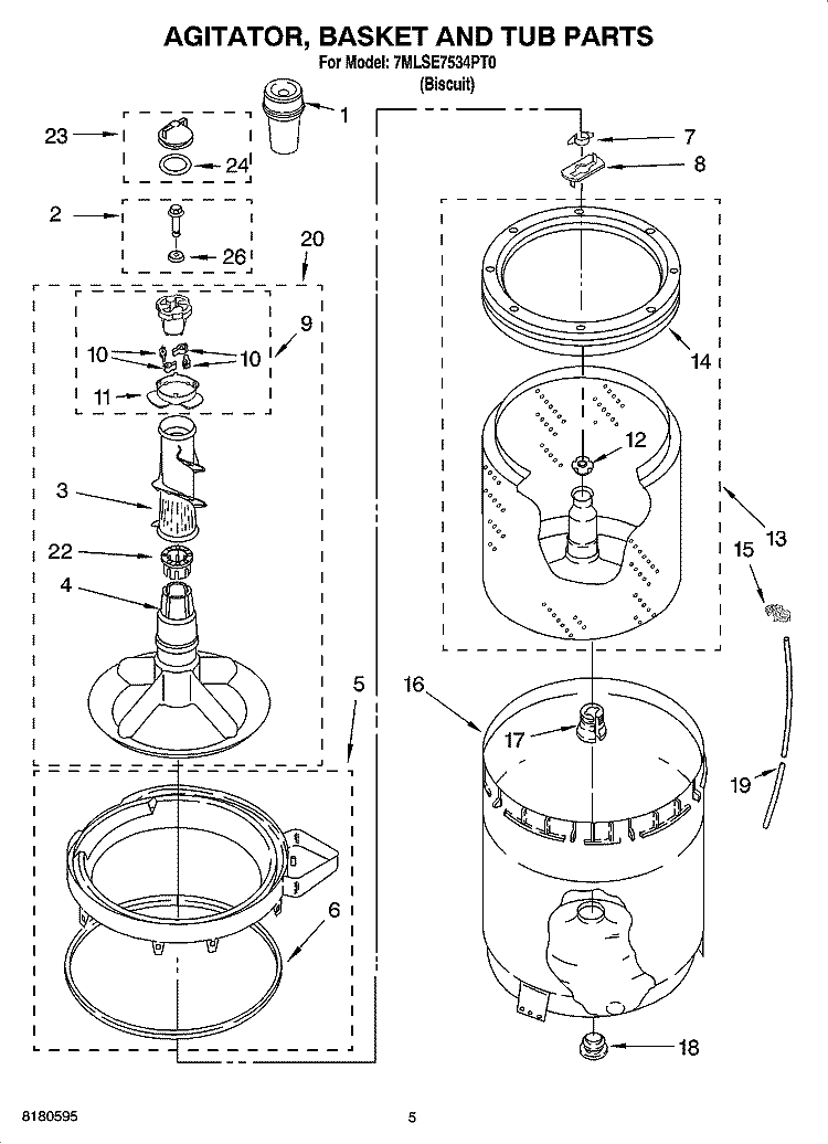 AGITATOR, BASKET AND TUB PARTS Diagram and Parts List for 7MLSE7534PT0  Whirlpool Washer