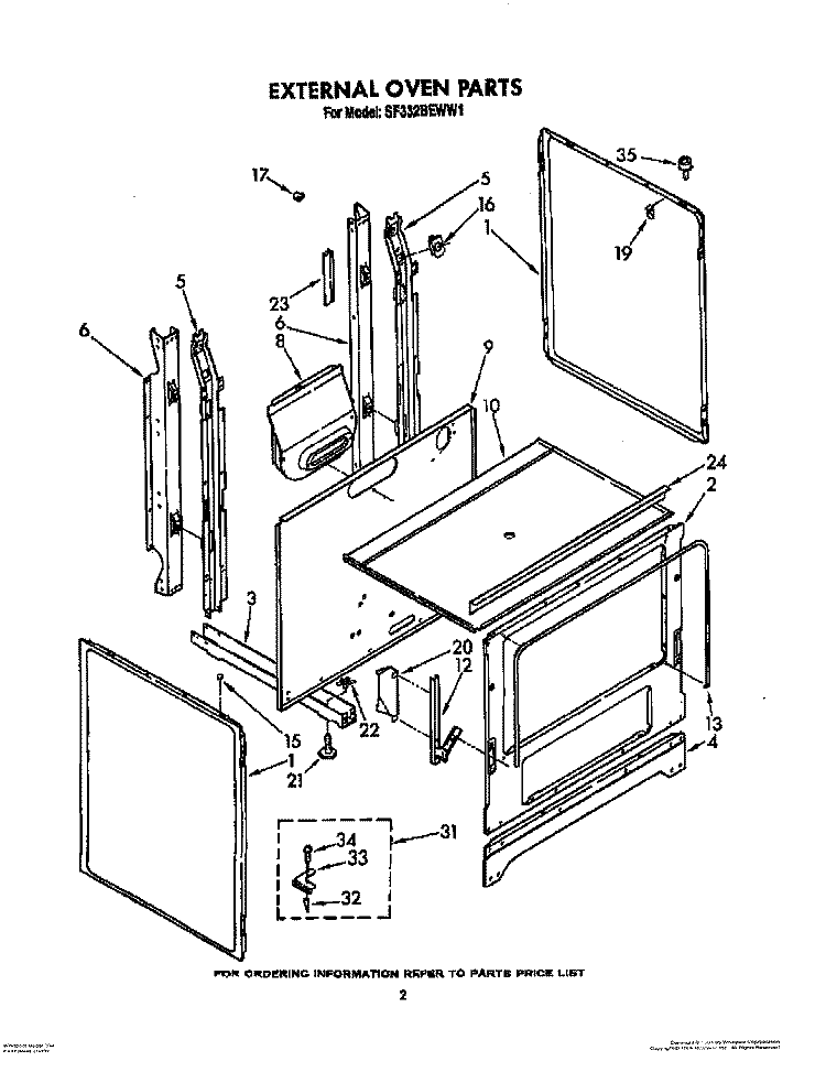 EXTERNAL OVEN Diagram and Parts List for SF332BEWN1  Whirlpool Range