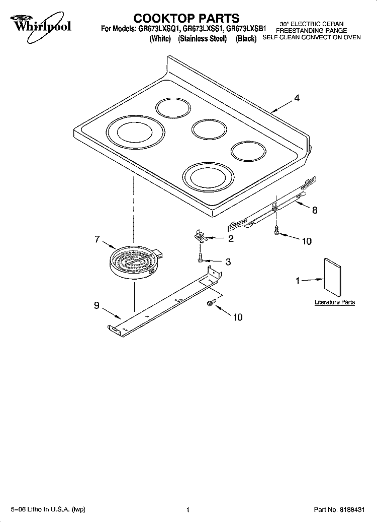 COOKTOP PARTS Diagram and Parts List for GR673LXSQ1  Whirlpool Range