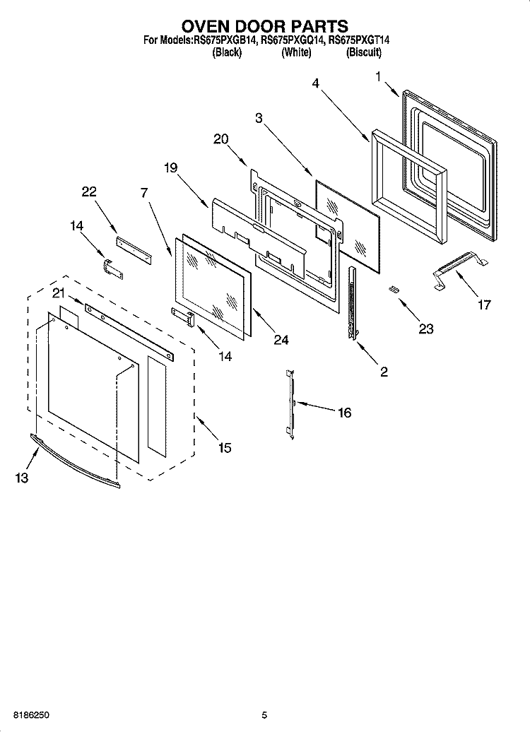 OVEN DOOR PARTS Diagram and Parts List for RS675PXGB14  Whirlpool Range