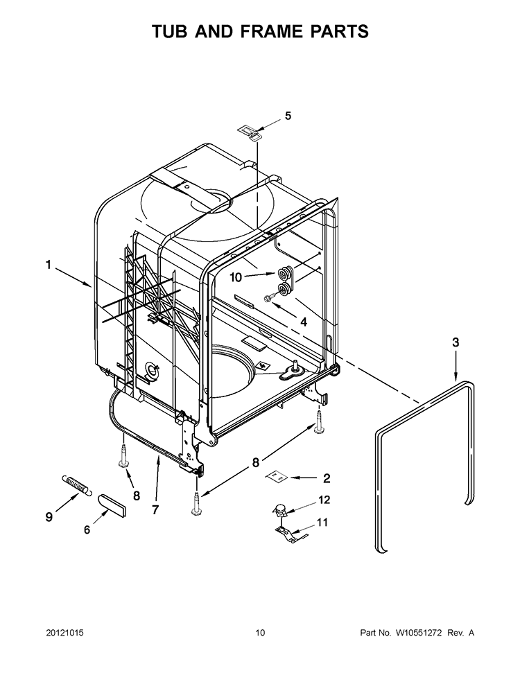 TUB AND FRAME PARTS Diagram and Parts List for WDP350PAAW0  Whirlpool Dishwasher