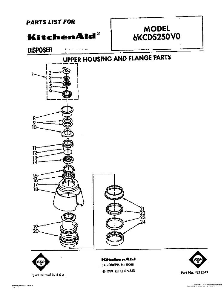 SECTION Diagram and Parts List for 6KCDS250V0  KitchenAid Food Waste Disposer