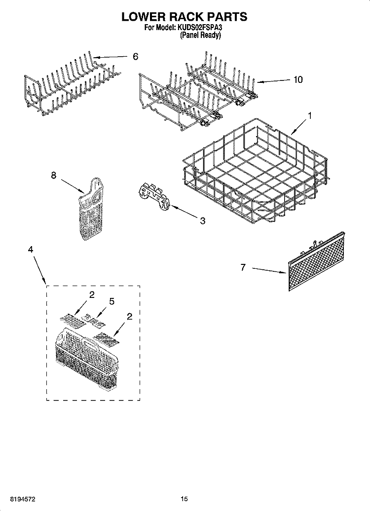 LOWER RACK PARTS, OPTIONAL PARTS (NOT INCLUDED) Diagram and Parts List for KUDS02FSPA3  KitchenAid Dishwasher