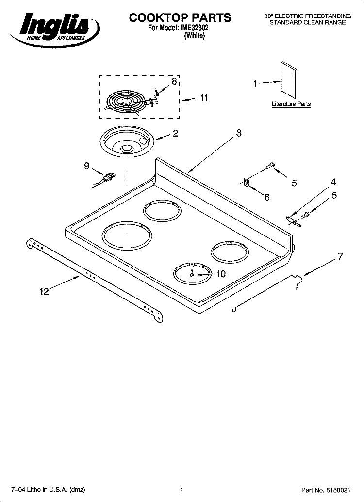 COOKTOP PARTS Diagram and Parts List for IME32302  Inglis Range