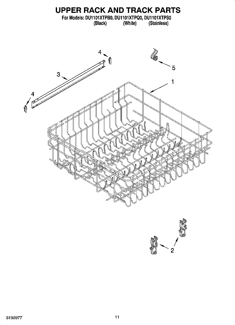UPPER RACK AND TRACK PARTS Diagram and Parts List for DU1101XTPB0  Whirlpool Dishwasher