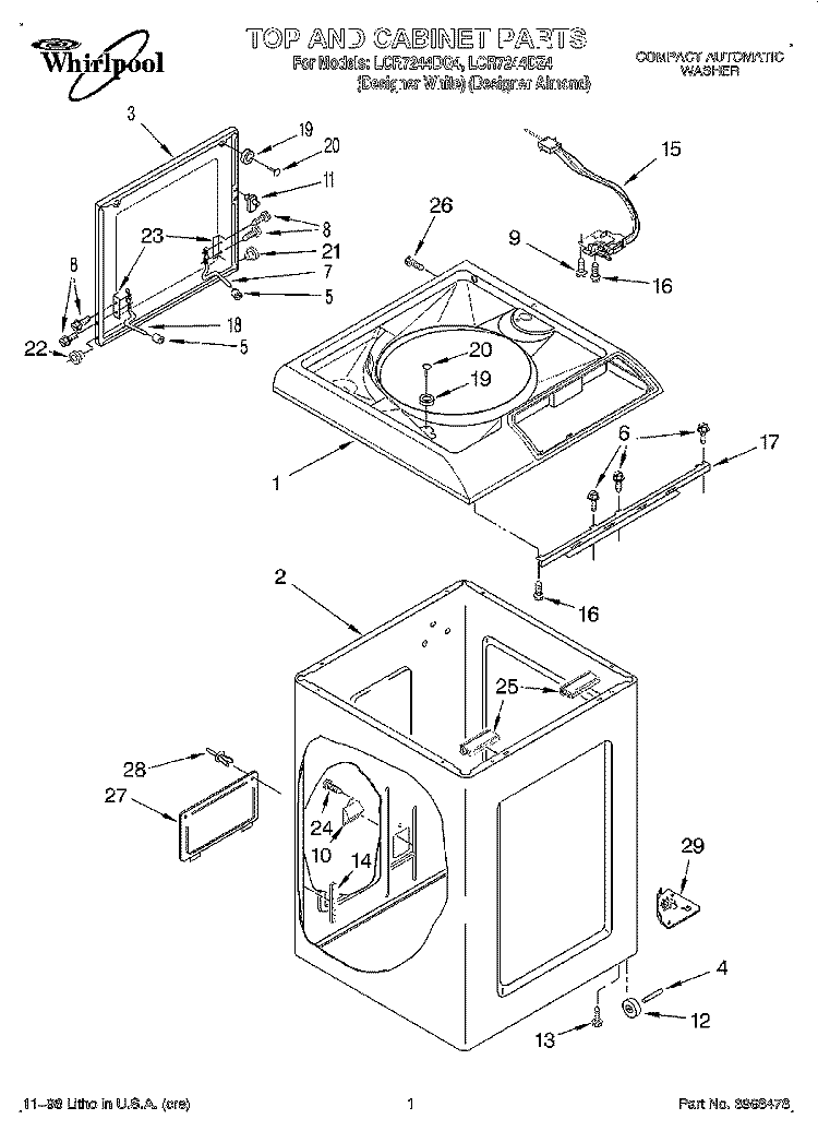 TOP AND CABINET Diagram and Parts List for LCR7244DZ4  Whirlpool Washer