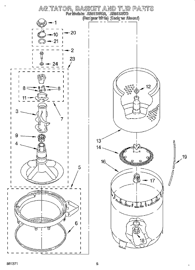 AGITATOR, BASKET AND TUB Diagram and Parts List for LSR6132EZ0  Whirlpool Washer