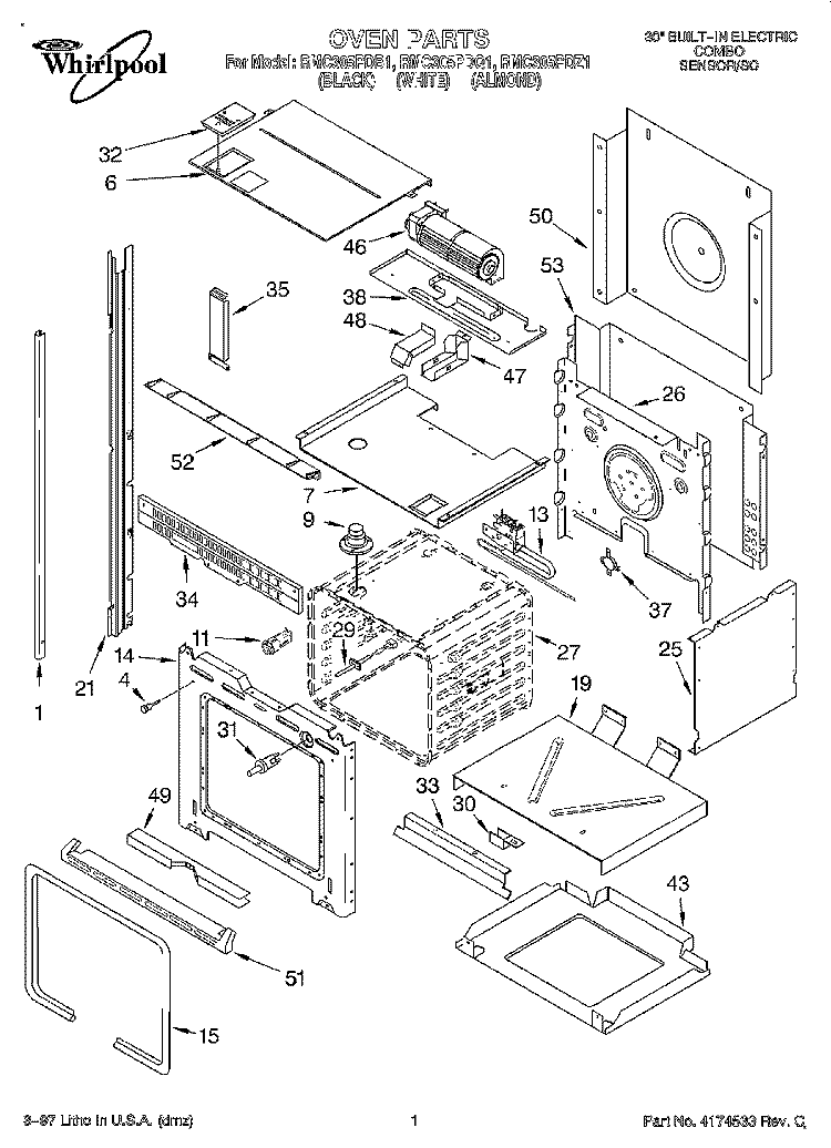 OVEN Diagram and Parts List for RMC305PDB1  Whirlpool Microwave Oven Combo