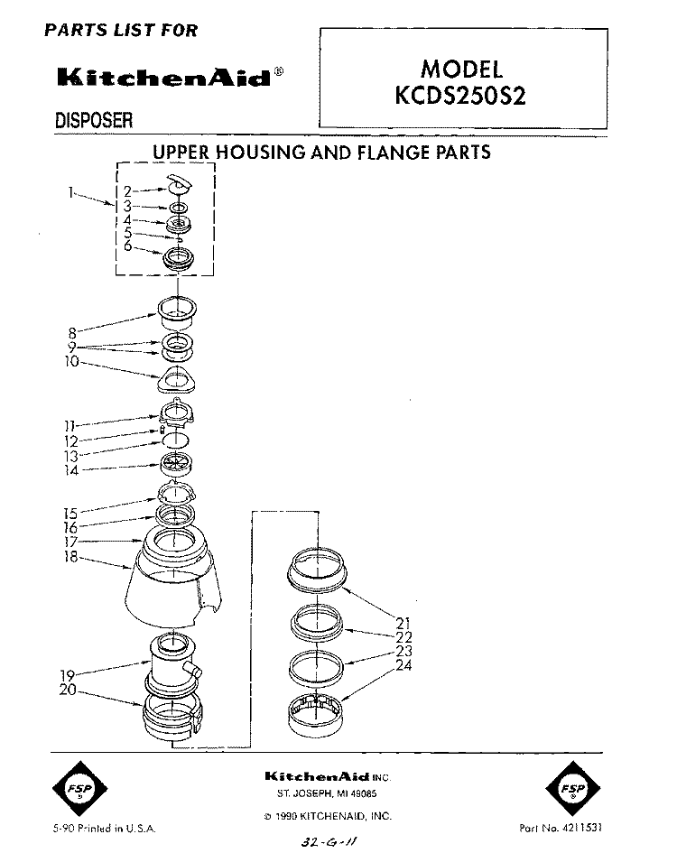 SECTION Diagram and Parts List for KCDS250S2  KitchenAid Food Waste Disposer