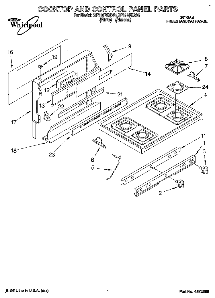 COOKTOP AND CONTROL PANEL, LITERATURE Diagram and Parts List for SF314PEAW1  Whirlpool Range