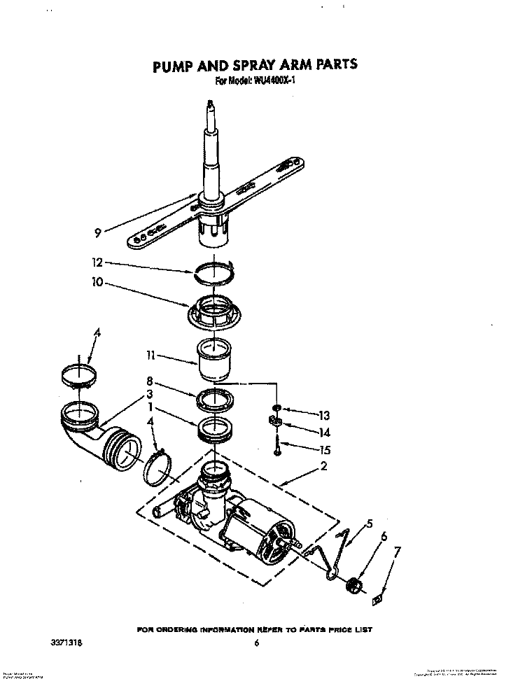 PUMP AND SPRAY ARM Diagram and Parts List for WU4400X1  Roper Dishwasher