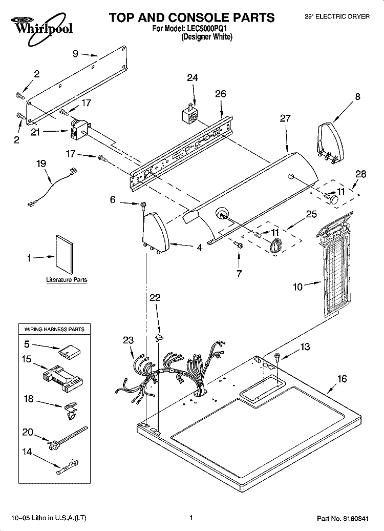 TOP AND CONSOLE PARTS Diagram and Parts List for LEC5000PQ1  Whirlpool Dryer