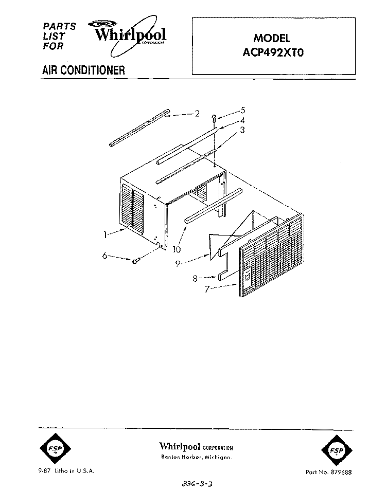 CABINET Diagram and Parts List for ACP492XT0  Whirlpool Air Conditioner