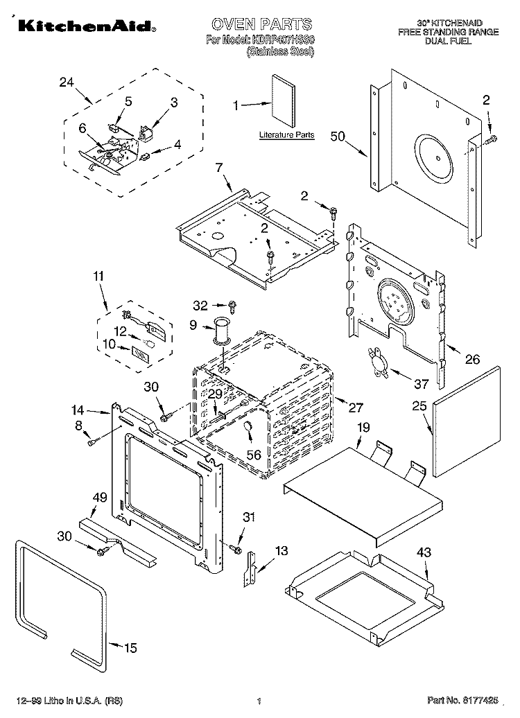 OVEN, LITERATURE Diagram and Parts List for KDRP407HSS0  KitchenAid Range