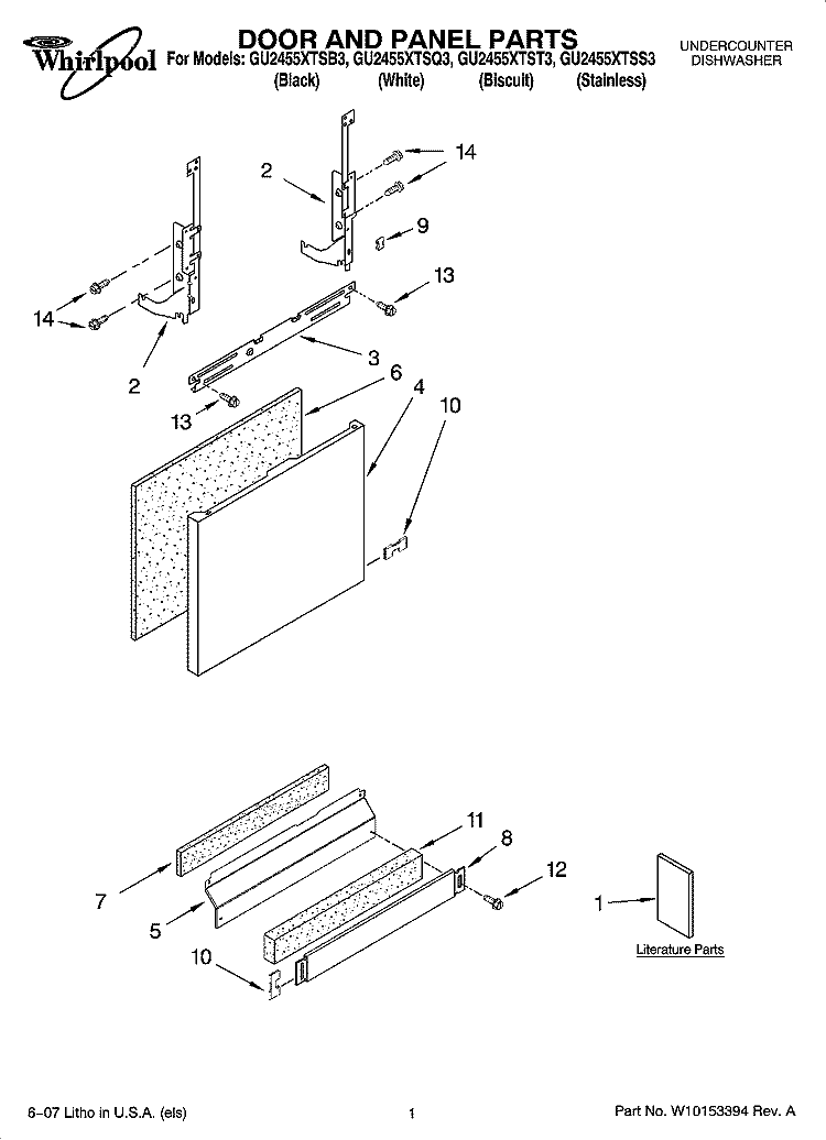 DOOR AND PANEL PARTS Diagram and Parts List for GU2455XTST3  Whirlpool Dishwasher
