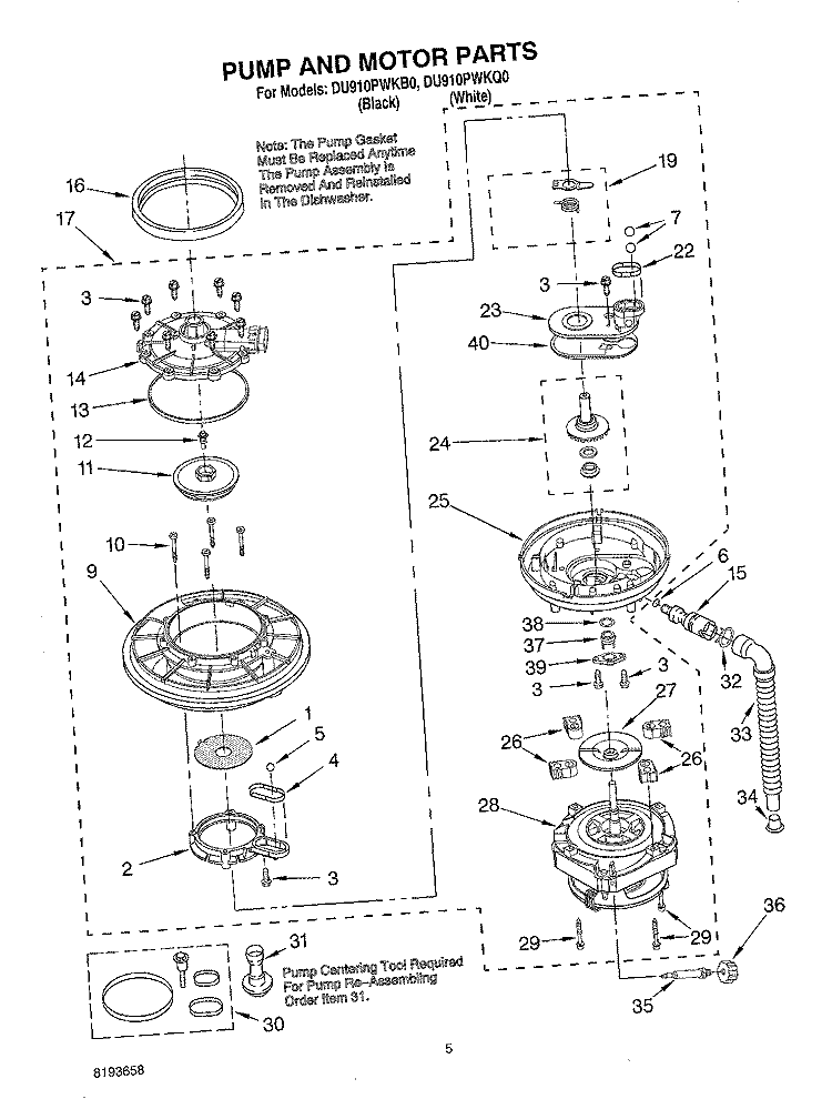 PUMP AND MOTOR Diagram and Parts List for DU910PWKQ0  Whirlpool Dishwasher