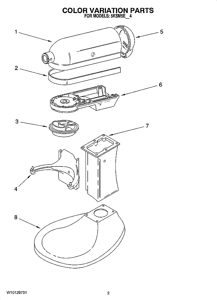 COLOR VARIATION PARTS Diagram and Parts List for 5KSM5EER4  KitchenAid Mixer