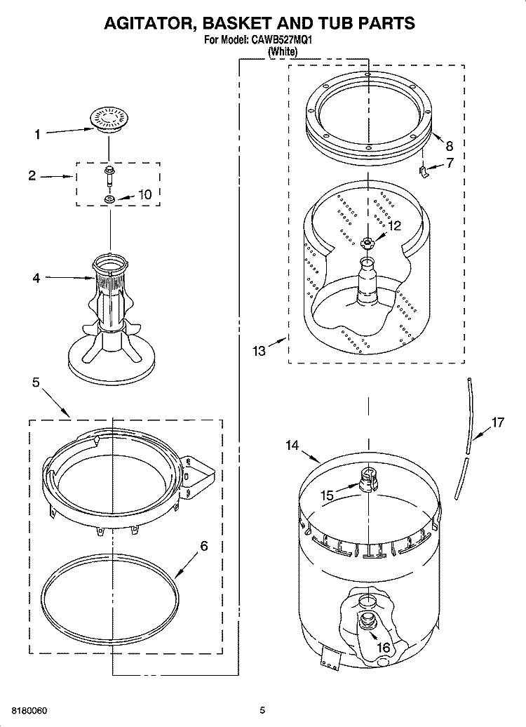 AGITATOR, BASKET AND TUB PARTS Diagram and Parts List for CAWB527MQ1  Crosley Washer