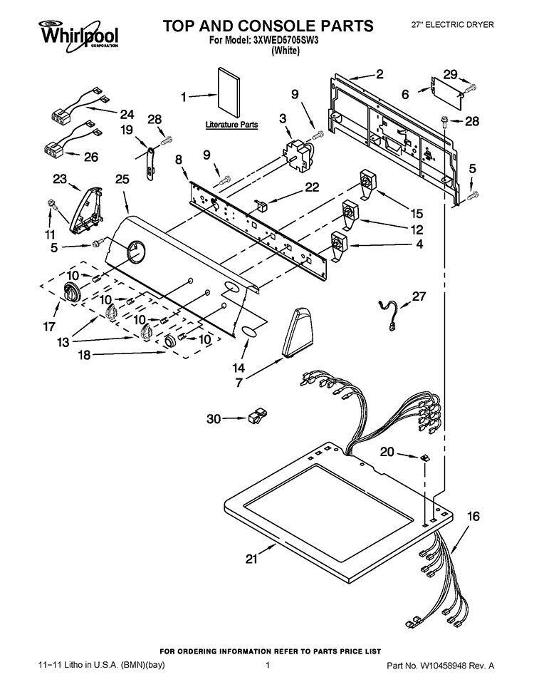TOP AND CONSOLE PARTS Diagram and Parts List for 3XWED5705SW3  Whirlpool Dryer