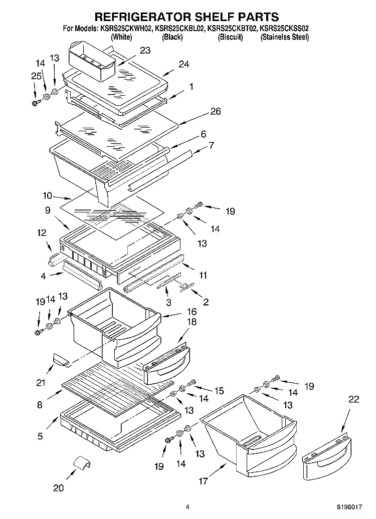 REFRIGERATOR SHELF Diagram and Parts List for KSRS25CKWH02  KitchenAid Refrigerator