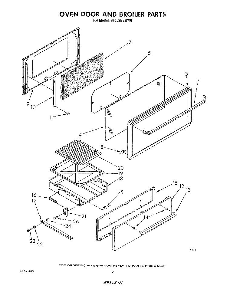 OVEN DOOR AND BROILER Diagram and Parts List for SF302BERW0  Whirlpool Range