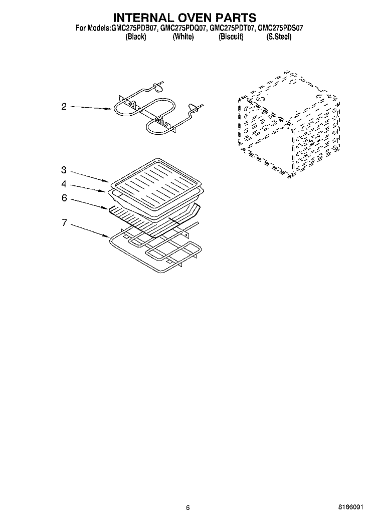 INTERNAL OVEN PARTS Diagram and Parts List for GMC275PDB07  Whirlpool Microwave Oven Combo