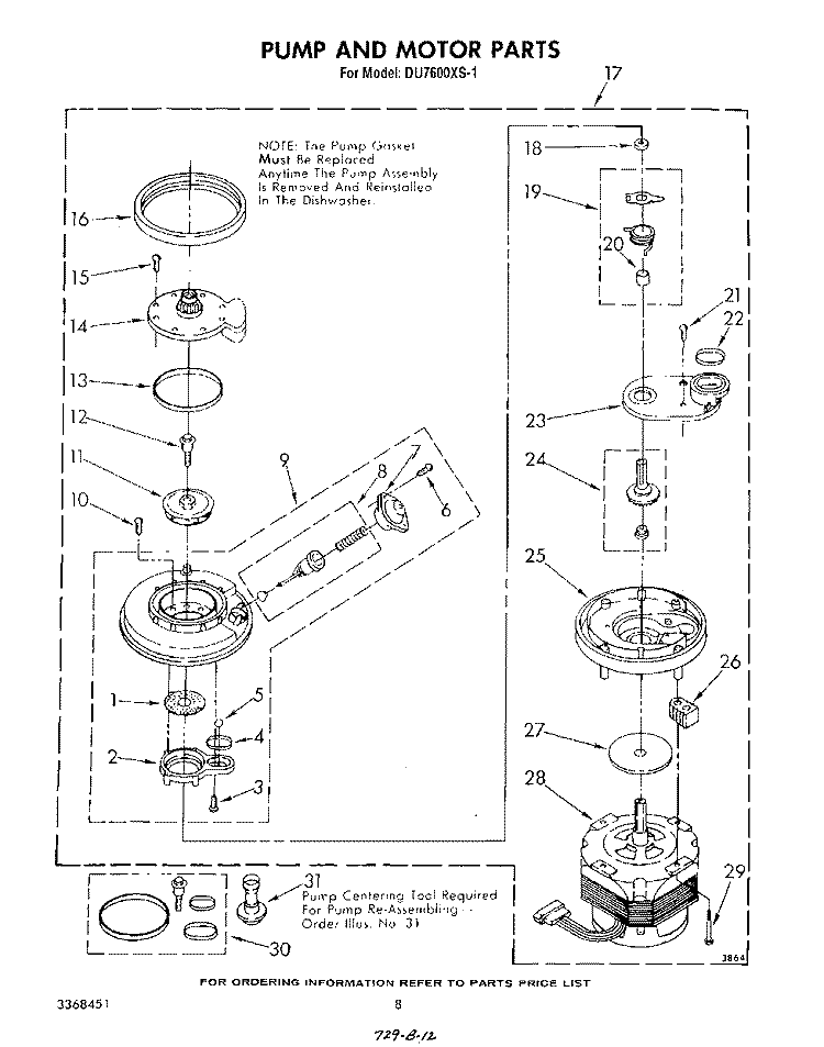 PUMP AND MOTOR Diagram and Parts List for DU7600XS1  Whirlpool Dishwasher