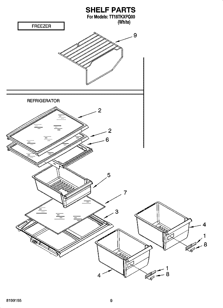 SHELF PARTS, OPTIONAL PARTS Diagram and Parts List for TT18TKXPQ00  Estate Refrigerator
