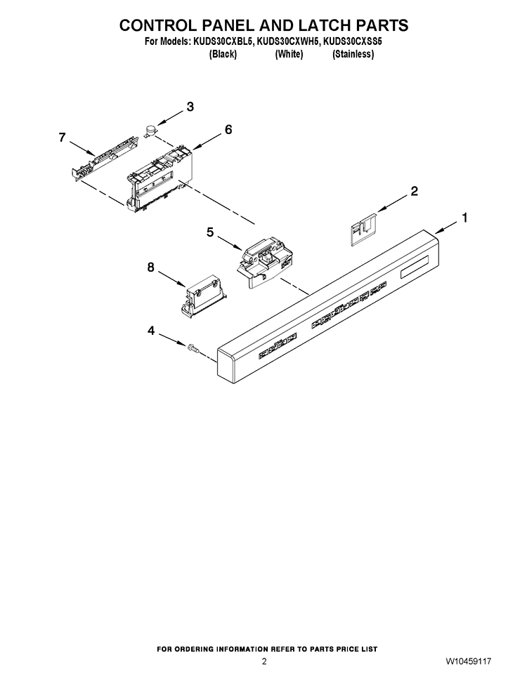 CONTROL PANEL AND LATCH PARTS Diagram and Parts List for KUDS30CXBL5  KitchenAid Dishwasher