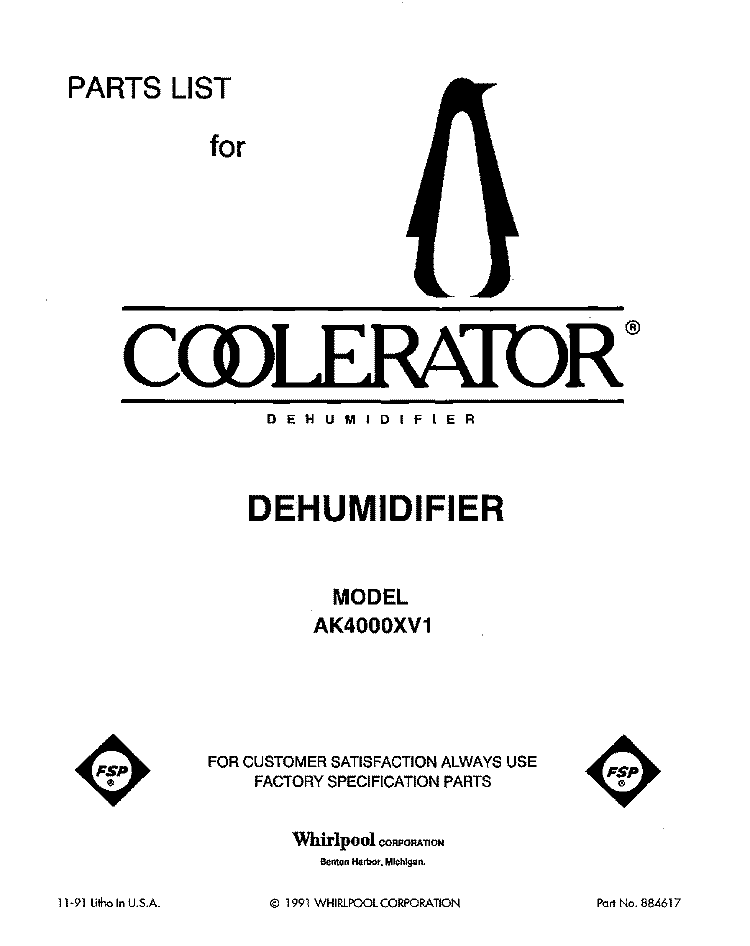 SECTION Diagram and Parts List for AK4000XV1  Whirlpool Dehumidifier