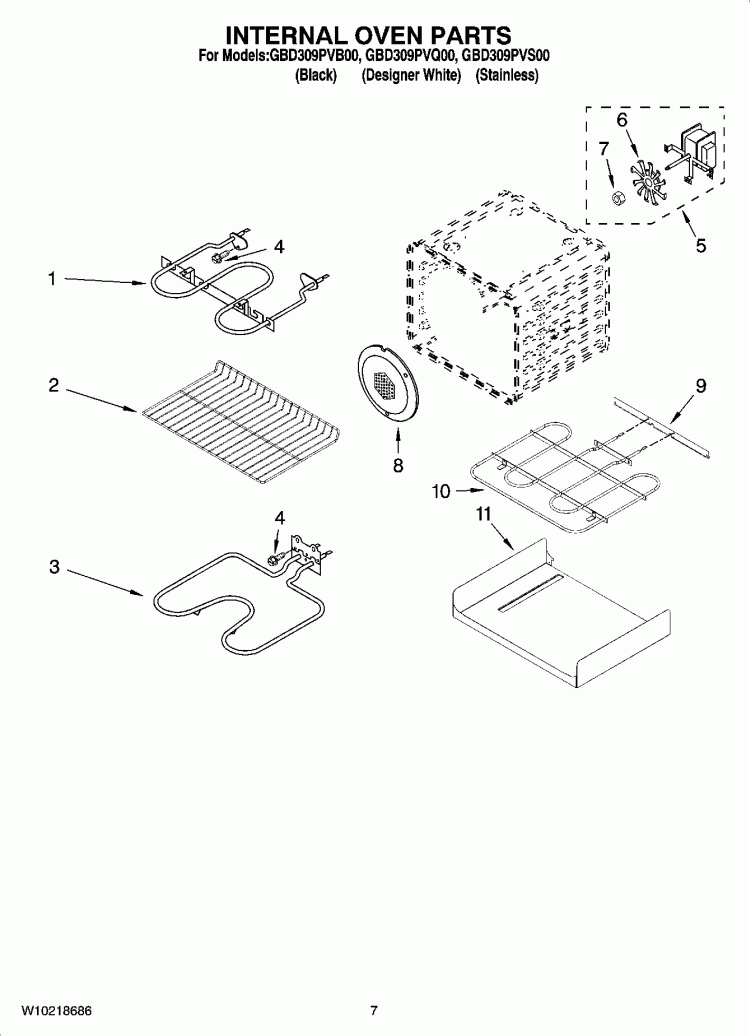 INTERNAL OVEN PARTS Diagram and Parts List for GBD309PVS00  Whirlpool Wall Oven