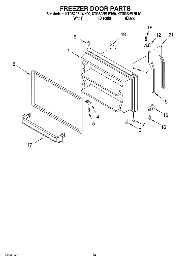 FREEZER DOOR Diagram and Parts List for KTRS22ELBT00  KitchenAid Refrigerator