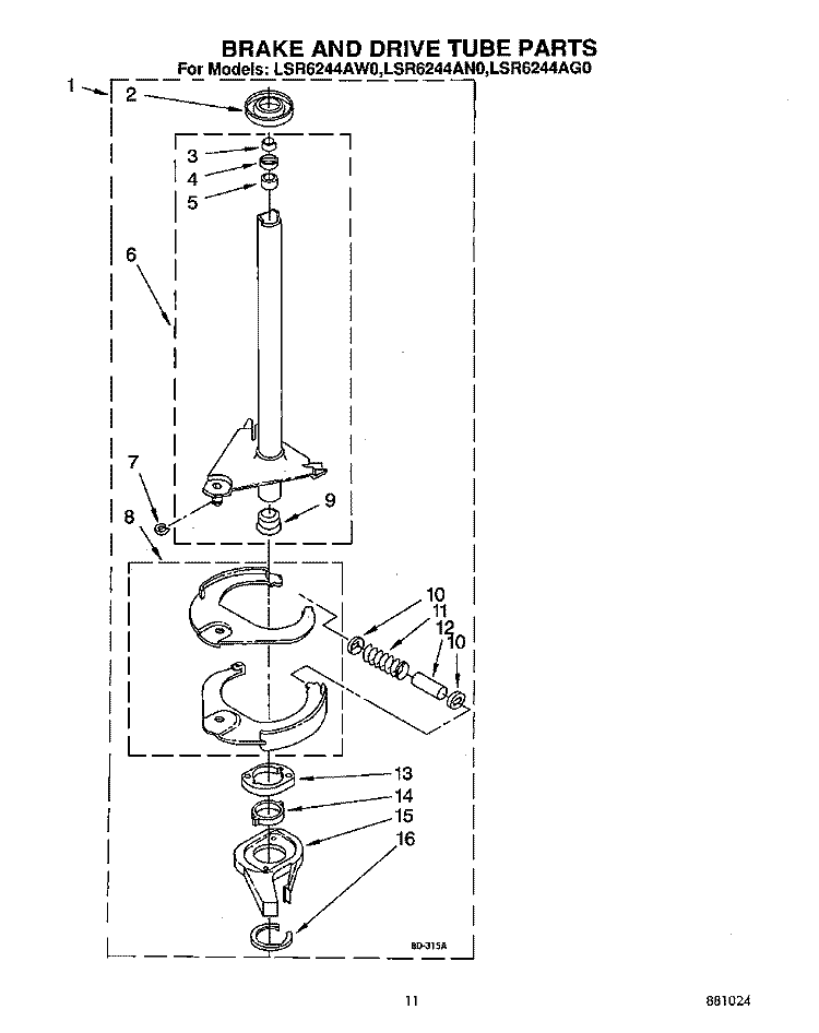 BRAKE AND DRIVE TUBE Diagram and Parts List for LSR6244AN0  Whirlpool Washer