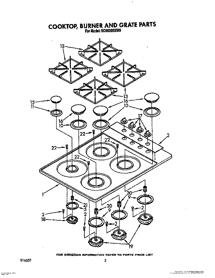 COOKTOP, BURNER AND GRATE Diagram and Parts List for SC8630EXW0  Whirlpool Cooktop