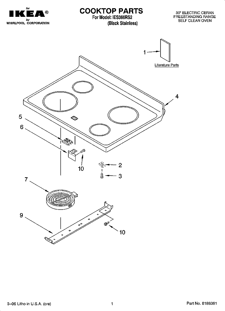 COOKTOP PARTS Diagram and Parts List for IES366RS2  Inglis Range
