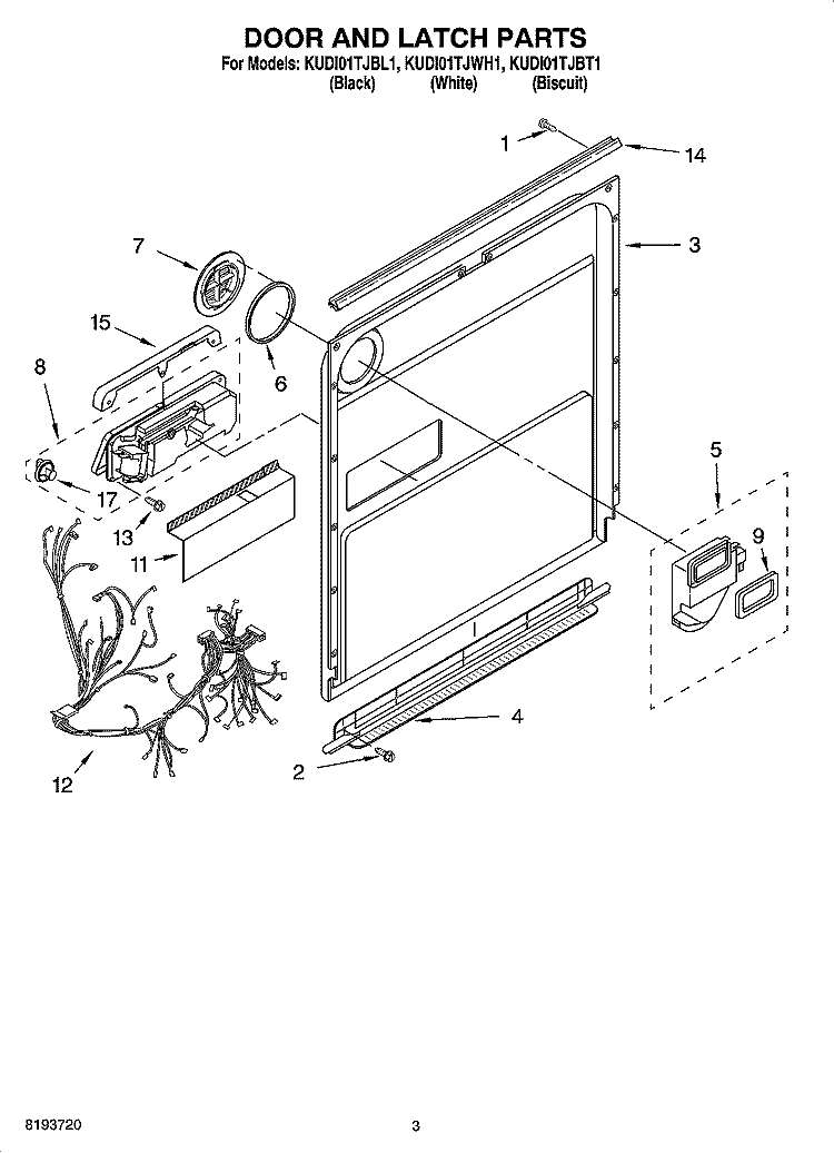 DOOR AND LATCH PARTS Diagram and Parts List for KUDI01TJBT1  KitchenAid Dishwasher
