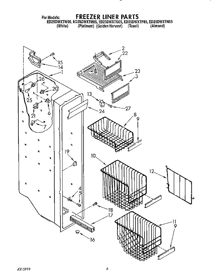FREEZER LINER Diagram and Parts List for ED25DWXTW05  Whirlpool Refrigerator