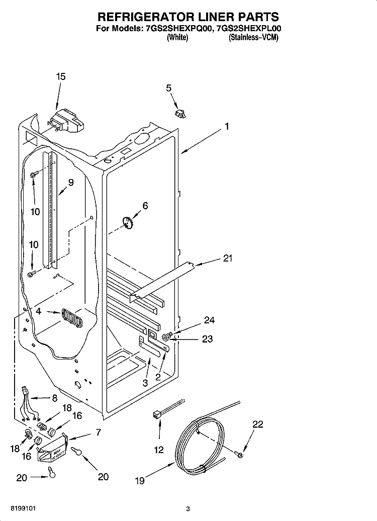 REFRIGERATOR LINER PARTS Diagram and Parts List for 7GS2SHEXPQ00  Whirlpool Refrigerator