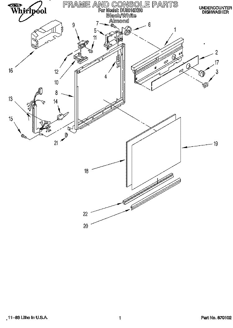 FRAME AND CONSOLE Diagram and Parts List for DU8016XB0  Whirlpool Dishwasher